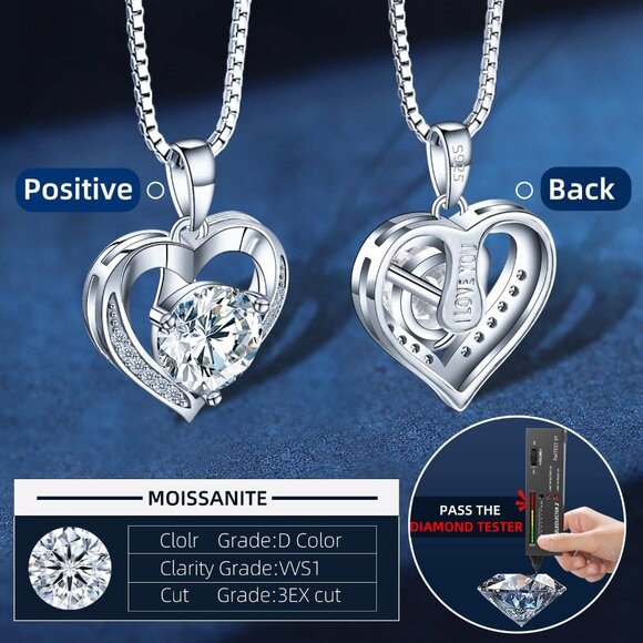 Moissanite Heart Necklace for Women 1.0ctD Silver Gold Plated Gift - Picture 5 of 7